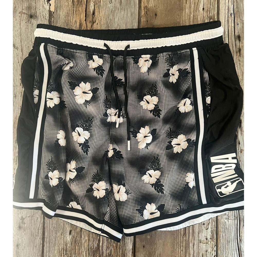 NBA Mens Floral Mesh Basketball Shorts Black White Hibiscus Athletic Size L